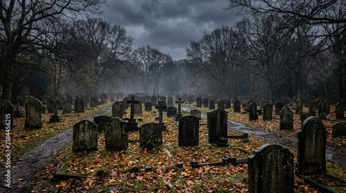 Dense misty graveyard with rows of weathered tombstones and bare trees under a dark overcast sky, evoking a sense of somberness and mortality.