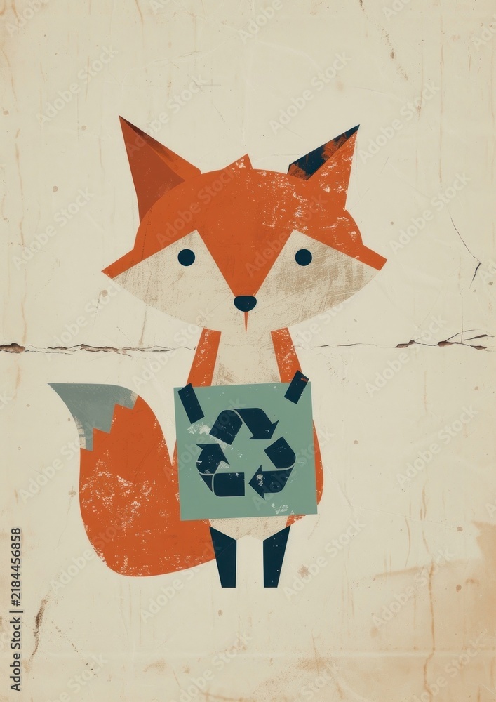 Fototapeta premium Cute fox hold recycle sign art animal nature.