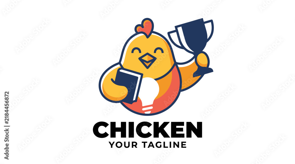 Fototapeta premium Cute Cartoon Chicken Mascot Holding a Trophy and Book Logo Design.