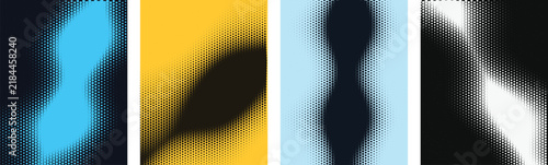 Four vertical panels featuring abstract halftone dot patterns in blue, yellow, light blue, and white