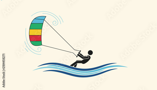 Minimalist illustration of a person kitesurfing on blue waves with a colorful striped kite on a cream background.