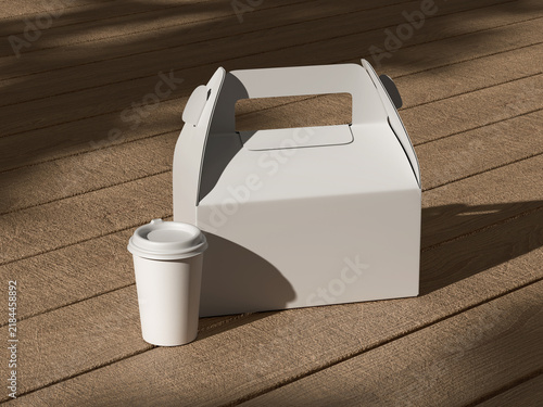 White takeaway box and coffee cup mockup on wooden surface