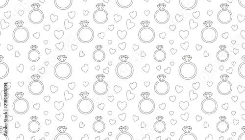 Seamless pattern of diamond engagement rings and tiny hearts in black dotted outlines on a plain white background.