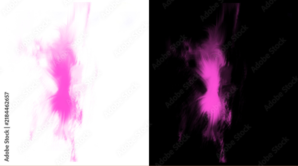 Obraz premium Vibrant pink smoke splash on white and black backgrounds. Abstract magenta ink cloud, ethereal neon vapor texture for creative design overlays.