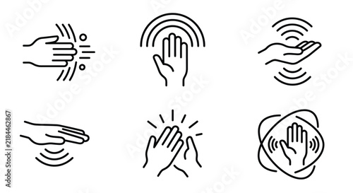 Gesture recognition icons depict hand movements and contactless interaction