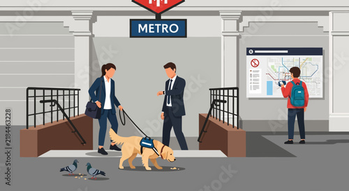 Visually Impaired Commuter with Assistance Dog Navigating an Underground Metropolitan Subway Station Entrance