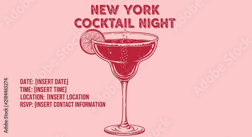 Elegant Pink Themed Cocktail Party Invitation Template Featuring A Stylish Martini Glass Illustration For Social Evening Event Announcements