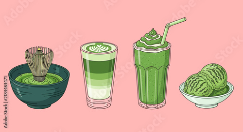 Hand Drawn Illustration Featuring Various Matcha Green Tea Based Beverages and Desserts in a Collection Set on a Soft Pink Background