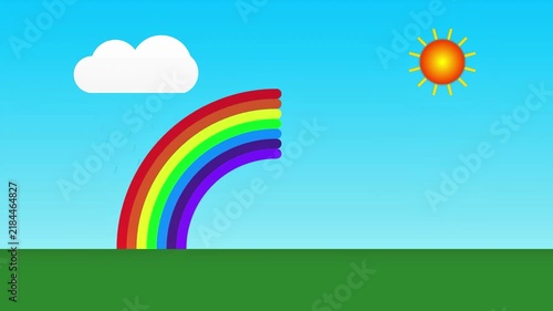 Flat design landscape animation with rising sun, floating cloud, growing rainbow, and blooming flowers