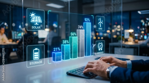 business analyst studies a holographic dashboard showing solar, storage and wind performance bars and percentages on a glass screen above a keyboard in a modern office at night