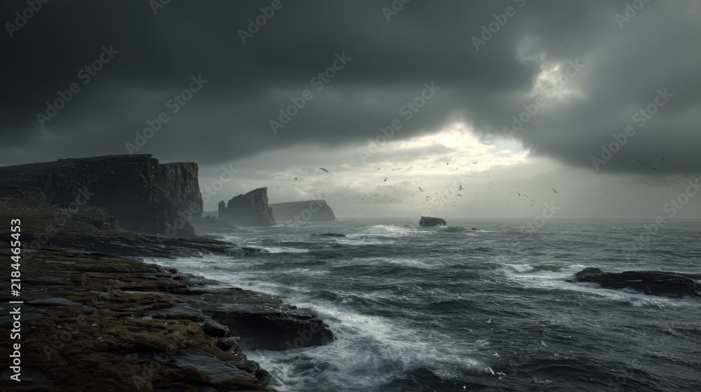 Fototapeta premium dramatic northern coastline with dark cliffs, cold ocean waves and distant seabirds, overcast sky with a narrow opening of sunlight, moody cinematic