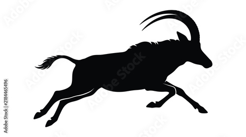 Photography Sable antelope in full silhouette runs swiftly across a plain white background