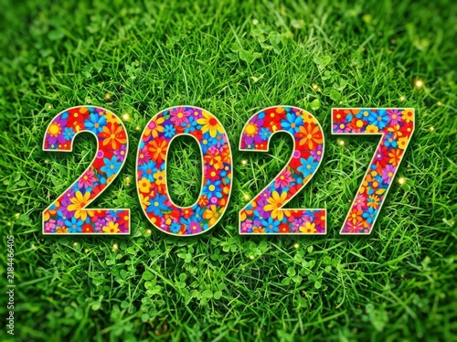 2027 year number with colorful floral pattern design on a green grass background, creative naturethemed typography for new year celebration