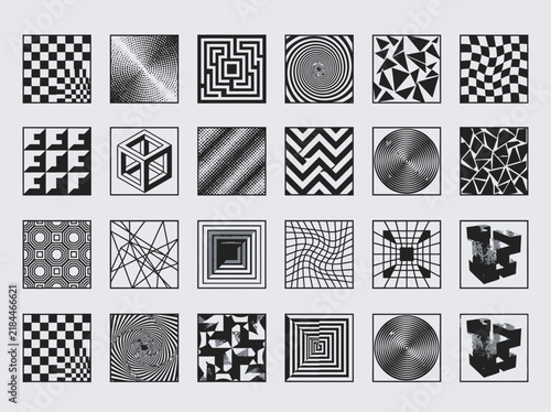 Set of geometric pattern square icons, abstract black and white tile patterns, neo-brutalist graphic design elements