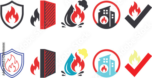 Fotografie Fire protection vector icons depict flames shields buildings and checkmarks in a
