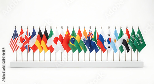 A collection of small miniature national flags standing in a row on a white base, isolated on white.