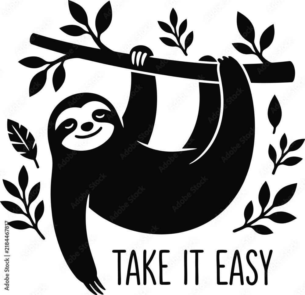 Obraz premium Black silhouette sloth hanging from branch with leaves and text