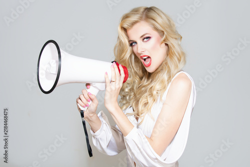 Photography News announcement with blonde woman and megaphone