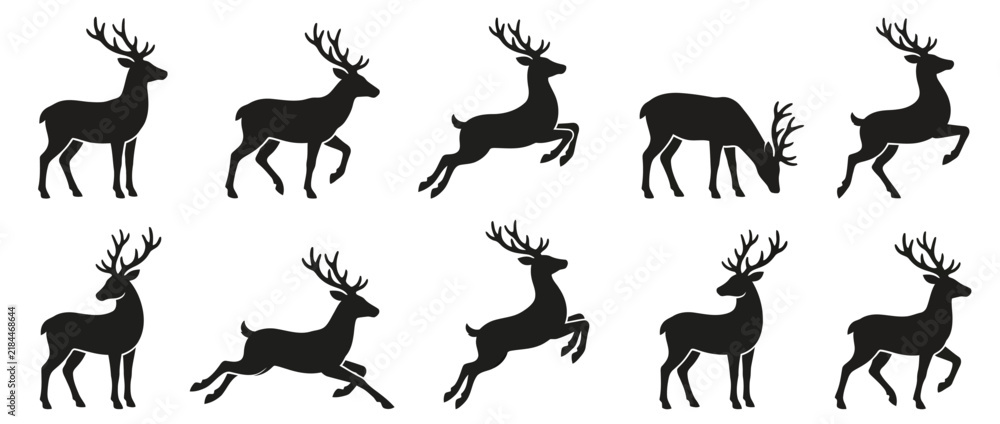 Fototapeta premium Set of deer silhouettes in various poses isolated on white background for seasonal design