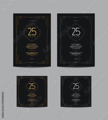 25th Anniversary Celebration Invitation Card Set with Elegant Gold and Silver Frames