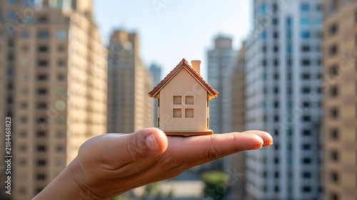 Hand holding a small house model against a modern city background representing home ownership and real estate