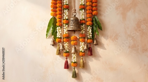 Traditional indian festive wall hanging with marigold flowers, jasmine garlands, and brass bells against a textured background