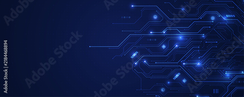 Glowing circuits pulse across a deep blue digital grid. Neon lines trace futuristic pathways with electric spark effects. Abstract tech design evokes innovation and digital connectivity