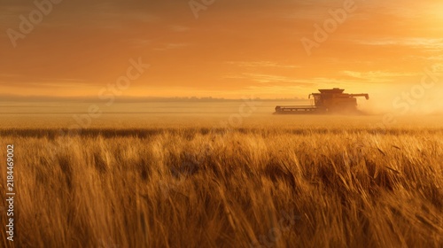 golden wheat harvest field during late summer, agricultural combine harvester working in the distance, dust softly glowing in warm sunset light