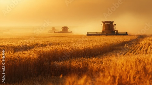 golden wheat harvest field during late summer, agricultural combine harvester working in the distance, dust softly glowing in warm sunset light