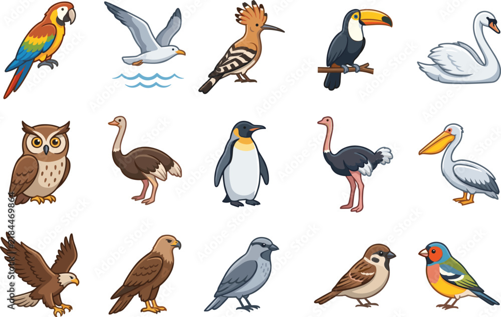 Obraz premium colorful cartoon wild birds, exotic avian species collection, cute nature wildlife vector illustration