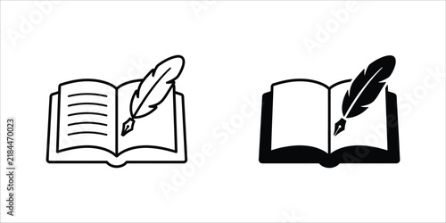 Open book with quill pen writing during creative process isolated on white background