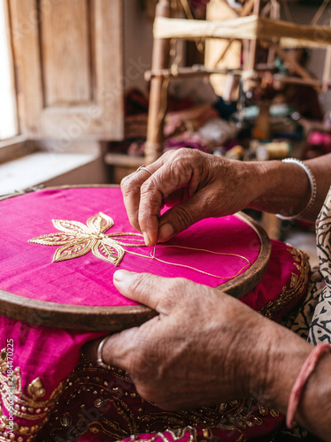 Indian artisan sewing traditional gold gota patti embroidery on pink fabric