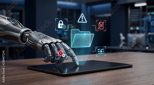 Robotic mechanical hand touching a digital tablet screen surrounded by glowing holographic system error icons
