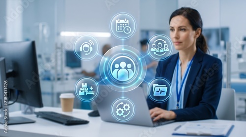 Healthcare administrator using laptop with medical management and hospital services interface in facility