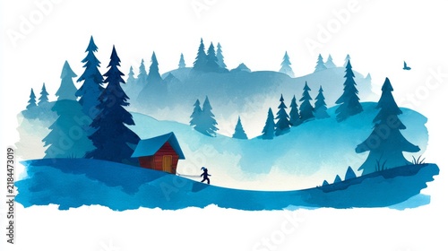 Watercolor winter landscape featuring a person pulling a sled toward a cabin
