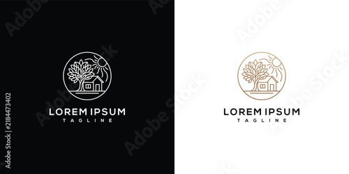 Minimalist Monoline House and Tree Logo Design Concept