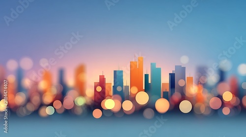 Colorful cityscape silhouette with glowing bokeh lights during sunset skyline