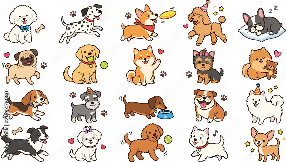 Obraz premium Cute dog illustration collection featuring playful puppies, different breeds, pets, hearts, bones, toys, treats, and charming activities