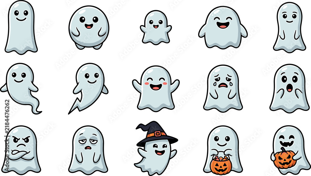 Fototapeta premium Cute Halloween ghost vector emoji sticker collection with funny white phantoms witch hat and pumpkin lanterns