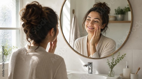 Relaxed woman with hair bun gently touching her cheek while smiling into round bathroom mirror, soft natural light, beige bathrobe, minimal decor with greenery