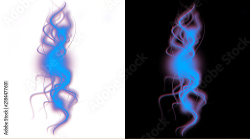 Foto Ethereal blue smoke trail illustration, glowing purple vapor swirls on black and