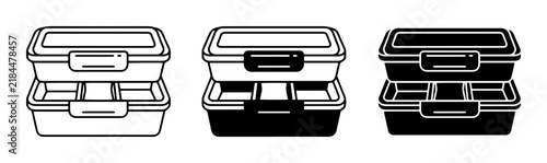 Stackable lunch box silhouette icons, food containers, storage solutions, solid black style