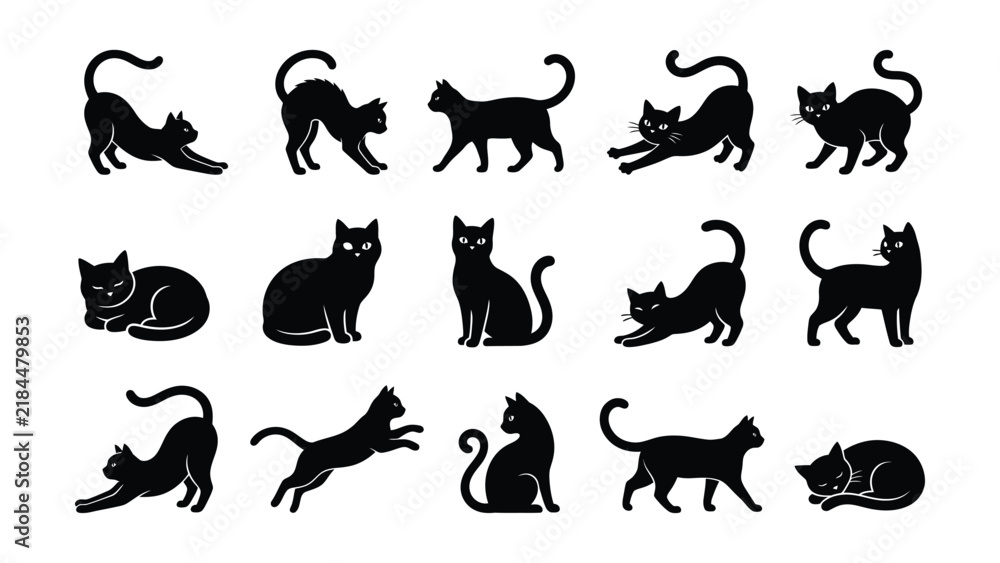 Obraz premium black cats icon set in various poses and expressions