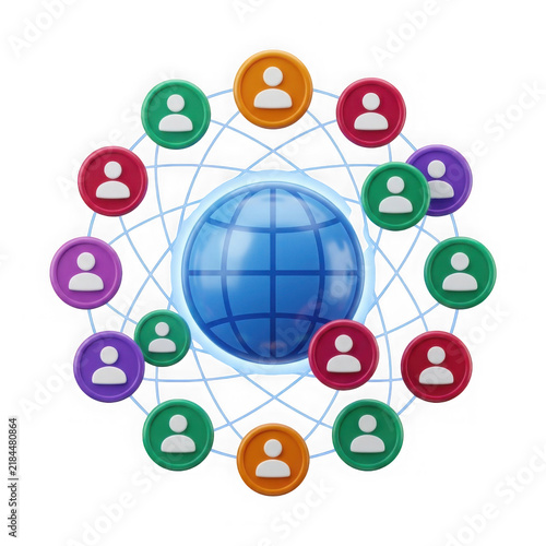 Global network connection with colorful people icons around a blue earth globe isolated on transparent background