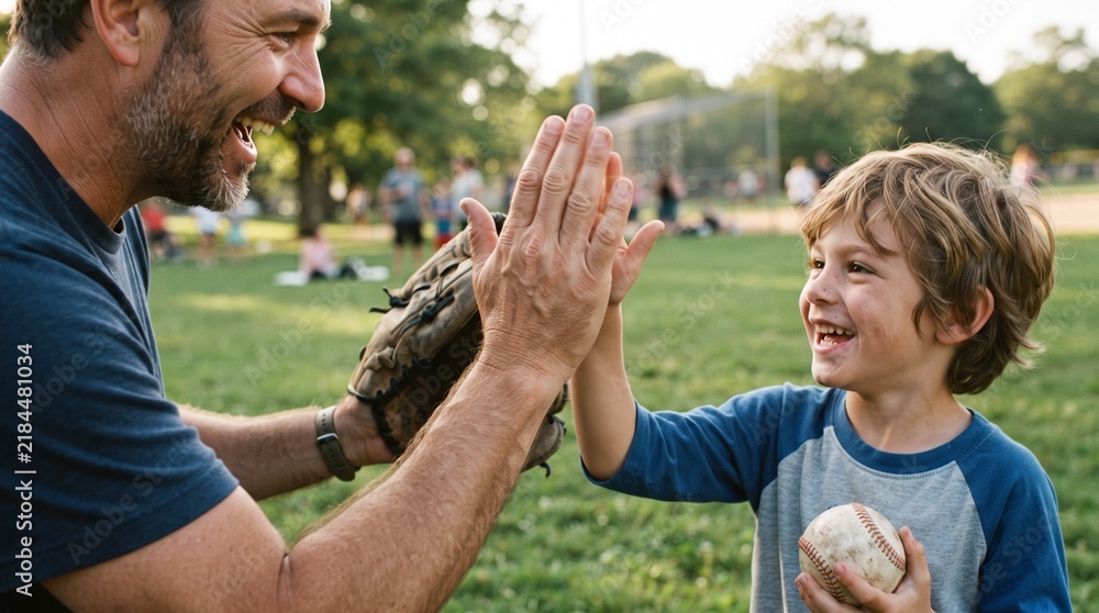 Fototapeta premium Father and son giving high five during baseball game in park