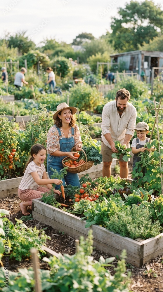 Obraz premium Happy family harvesting fresh vegetables in a community garden