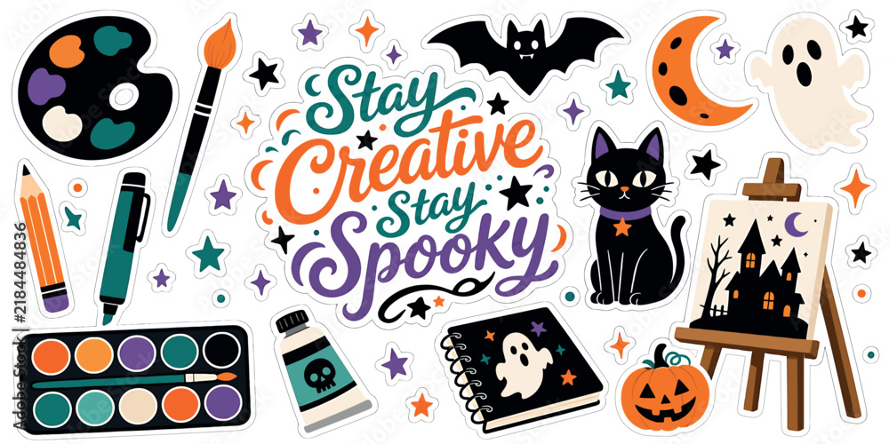 Fototapeta premium Set of cute halloween and art stickers, creative spooky design with paint palette, brush, ghost, black cat, and pumpkin