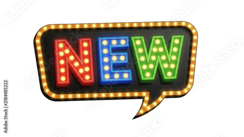 Neon new sign in speech bubble shape with bright glowing marquee lights isolated on transparent background for marketing and retail