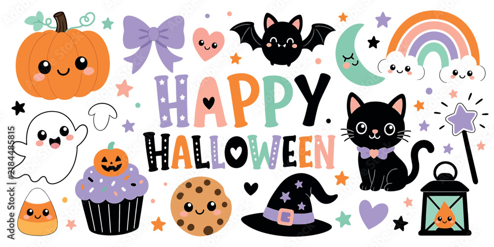 Fototapeta premium Cute kawaii halloween elements set with pumpkin ghost cat bat rainbow