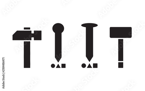 Black silhouette icons of construction hammers and metal nails with geometric shapes isolated on a plain white background